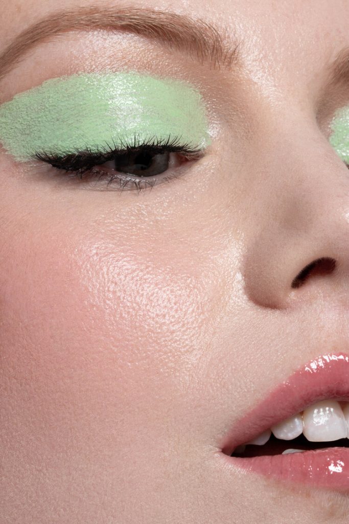 Alexandra Rayne of Devojka Models, close up with green cream eyeshadow.