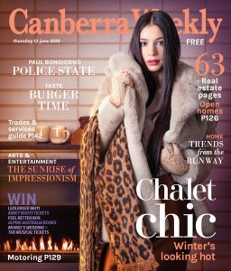 A brunette model on the cover of Canberra Weekly wearing a fake fur jacket.